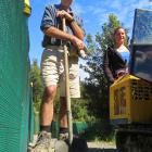 Volunteer Jeff Cleugh and Orokonui Ecosanctuary ranger Kelly Gough finish work on the new kiwi...