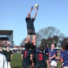 Waitaki Boys' High School lock Matt Bentley goes up for the ball in a lineout during annual...
