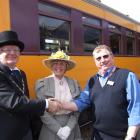 Waitaki Mayor Alex Familton and Mayoress Heather Familton welcome train manager Allan Boyer from...