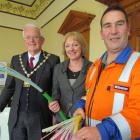 Waitaki MP Jacqui Dean and Downer civil works manager Stephen Christos get to grips with the...