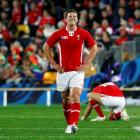Wales player George North reacts during their Rugby World Cup Pool D match against South Africa....