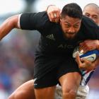 Winger George Moala on the charge for the All Blacks against Samoa. Photo Getty