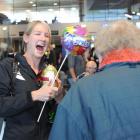 World champion cyclist Alison Shanks is greeted by her grandmother, Madelene Barkman, at Dunedin...