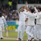 England's James Anderson celebrates after dismissing Sri Lanka's Kaushal Silva. Photo by Reuters