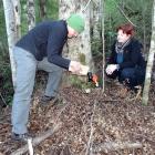 Doc scientist Graeme Elliott shows Conservation Minister Maggie Barry a chew track card used to...