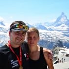 Zdenek Plachy (left) and Alexandra Pichalova at the finish of Zermatt Ultramarathon, on the top...