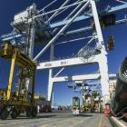 A manual straddle crane at work on Ports of Auckland's Fergusson container terminal. Photo supplied.