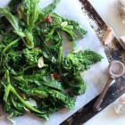 Sprouting broccoli with toasted garlic and chilli. Photo by Simon Lambert.