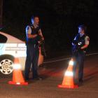 Armed police officers stop traffic at the intersection of Dunns and Otatara Rds on the outskirts...