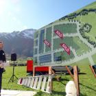 Prospective purchasers look at the main sign at the Hanley’s Farm open day at Queenstown on...
