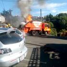 A rubbish truck on fire at Graham St. Photo: Facebook screenshot/ ‎Michael van Delden‎ 