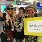 Greeting English comedian Charmian Hughes at Auckland Airport (from left) Shelley Gane, of...