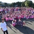 Tainui School pupil Corey Te Hei celebrates Pink Shirt Day with the rest of the school yesterday,...