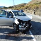A car involved in a crash at Gibbston yesterday morning. Photo: supplied.