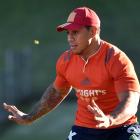 Highlanders centre Malakai Fekitoa gets defensive during a training session at the Caledonian...
