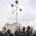 Alexandra Primary School pupils (from left) Cade Roberts (9), Flynn Millar (9), Nika Casbolt (13), Summer Claridge (12), Leon Morris (11), and Josh Cannell (9) check out the new Otago Regional Council air quality monitoring equipment across from their sch