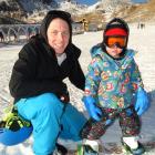 Nick and Austin (2) Troon, of Arrowtown, on  the learner slope as Austin tries snowboarding for...