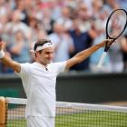 Switzerland’s Roger Federer celebrates winning the semi final match against Czech Republic’s...