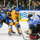 Stampede’s Colin McIntosh (centre) has his eyes on the prize during the New Zealand Ice Hockey...