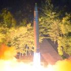 Intercontinental ballistic missile (ICBM) Hwasong-14 is pictured during its second test-fire....