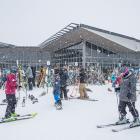Hardy skiers at the base building of Queenstown skifield Coronet Peak on Saturday. Photo: Coronet...
