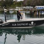 Sea Shepherd Operation Pahu campaign leader Grant Meikle launches the vessel Loki at Back Beach...