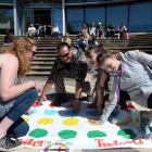 Playing Twister during a staff "lockout'' at Otago Polytechnic are (from left) Debz Cracknell,...