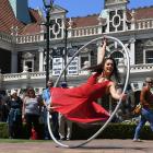 Cirkopolis acrobat Rosita Hendry performs with a Cyr wheel at the Dunedin Railway Station...