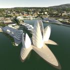 The ''cockleshell'' cultural centre and hotel is the centrepiece of the planned waterfront plan....