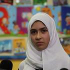 Khawlah Noman speaks to reporters at Pauline Johnson Junior Public School in Toronto. Photo: Reuters