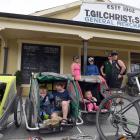 Having a breather outside Gilchrist's General Store in Oturehua are, from left (front), Brianna...