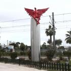 A red angel-shaped statue called 'Phylax' by Greek artist Kostis Georgiou is seen in southern...