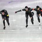 New Zealand speed skaters (from left) Peter Michael, Shane Dobbin and Reyon Kay compete against...
