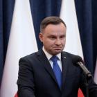 Poland's President Duda speaks during his media announcement about his decision on the Holocaust...