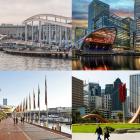 Montage of waterfront redevelopments from Getty Images. (left top clockwise) Barcelona, London, San Francisco and Sydney. 