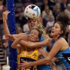 Sunshine Coast Lightning goal defence Karla Pretorius (front left) clashes with Southern Steel...