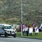 Nurses from Lakes District Hospital protest on Kawarau Rd yesterday. PHOTO: GUY WILLIAMS
