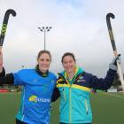Australian national women's hockey team members Ashlee Wells and Karri McMahon get ready for the...
