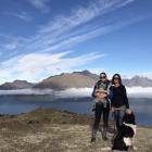 Kate Mitchell, with 9-month-old son Rome, Jodie Lynes and lab-springer Ponti on Queenstown Hill...
