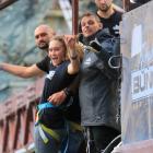 Verviers Whatu and Bella Whatu, preparing to take the leap and bungy jump, with AJ Hackett's Nick Endean.   Photo: Daisy Hudson Verviers Whatu and Bella Whatu, preparing to take the leap and bungy jump, with AJ Hackett's Nick Endean.   Photo: AJ Hackett