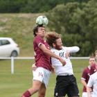 Dunedin Technical's Taine Bayly (left) and Roslyn Wakari player Nick Treadwell compete for the...