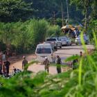 An ambulance transports the fifth boy rescued from Tham Luang Nang Non cave to hospital on July 9...