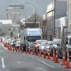 Vehicles backed up in Castle St, Dunedin, as cycleway construction continues. Photo: Gerard O'Brien