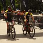 Michael Vink (left) and Tim Rush win The Pioneer mountain bike race in Queenstown yesterday....