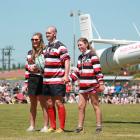 Blair Vining arrives at the Blair Vining Bucket List Rugby Game by helicopter with his daughters...