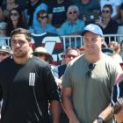 All Blacks Anton Lienert-Brown (left) and Sam Cane watch the Blair Vining Bucket List match from...