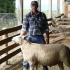 Charollais sheep breeder Matt Ponsonby with one of his two-tooth rams. Photo: Ken Muir