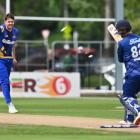 Otago bowler Jacob Duffy enjoys removing two of Auckland opening batsman Colin Munro’s stumps at...
