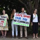 Junior doctors picket outside Dunedin Hospital yesterday, led by Dr Rosa Tobin Stickings with her...