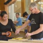 Otago Polytechnic lecturer Alan Fraser helps construction trade skills carpentry student Susha...